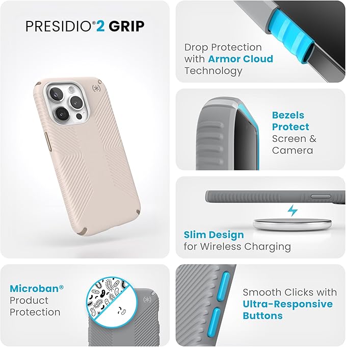 Speck iPhone 15 Pro Case - Drop Protection, Grip - Scratch Resistant, Soft Touch, 6.1 Inch Phone Case - Presidio2 Grip Bleached Bone/Heirloom Gold/Hazel Brown