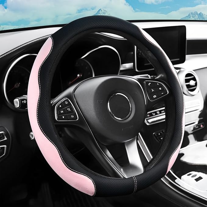 zipelo 14.5"-15" Car Steering Wheel Cover, Auto Interior Wheel Protector with Durable Soft Breathable Anti-Slip Linging Leather, Universal for Vehicles Trucks SUVs Accessories for Men Women (Pink)