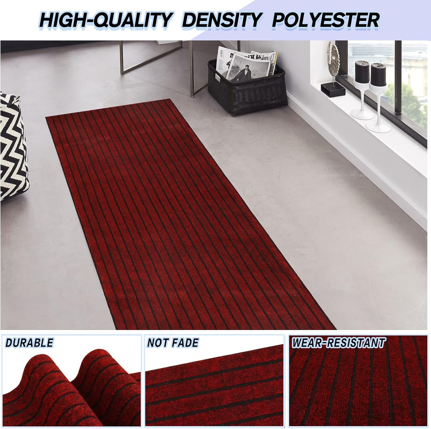 Custom Size Backed Non-Slip Area Rugs Runner, Easy Clean, Waterproof Runner Rugs for Hallway Entryway, Kitchen, Laundry, 2FT x 57FT, Red Stripe