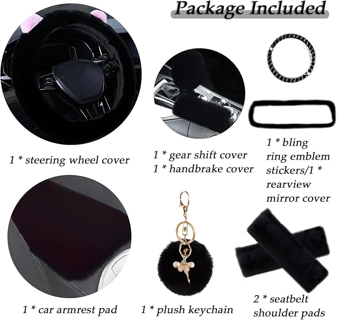 ZYNQACC 9 Pack Cute Bear Fluffy Car Accessories for Women Girls,Kawaii Fuzzy Steering Wheel Cover Universal 15 inch Plush Cute Ears (Black)