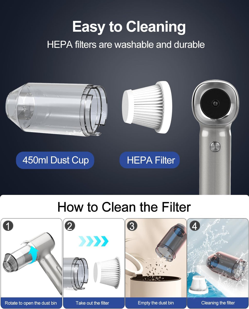 Handheld Car Vacuum Cleaner High Power,4-in-1 Small Portable Mini Cordless Brushless Motor Cleaner with 22000pa Suction Power & Air Duster,Type-C Charge,Cleaner for Home,Car(Mysterious Silver)