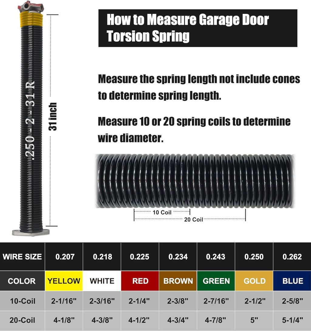 Garage Door Torsion Spring Set, Pair of 2" Electrophoresis Coated Garage Door Spring Replacement with 2 Non-Slip Winding Bars and Bearing, Minimum 16000 Cycles (.250x2x31")