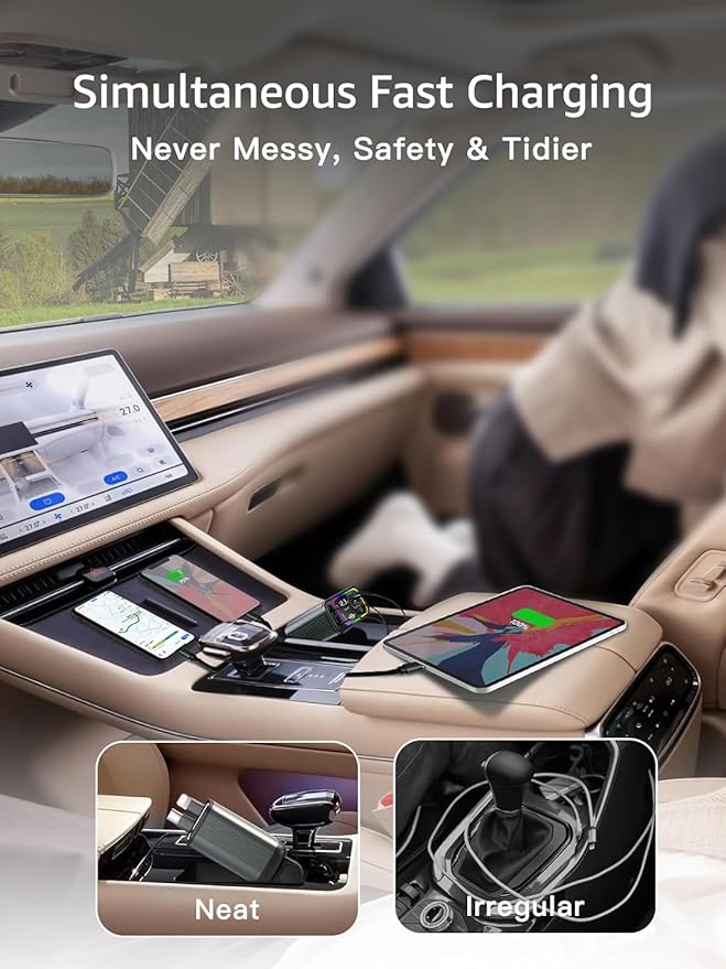 Retractable Car Charger USB C,107W Type C Car Charger Fast Charging with Dual Retractable Cable and USB Ports for iPhone 17/16/15,S25/24/23, Pixel 9/8/7(Build-in USB-C & Lightning Cable)