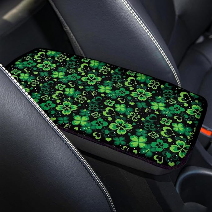 UNICEU St Patrick's Day Decor Automobile Interior Decor Lucky Green Leaf Print Armrest Cover for Women, Soft Car Center Console Armrest Protector Cover Pad