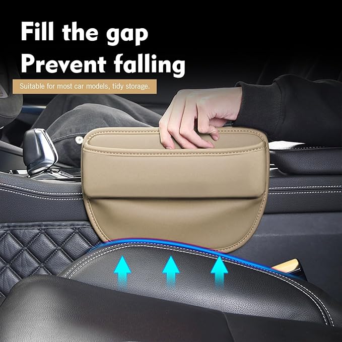 Car Seat Gap Filler Organizer, Waterproof Anti-Slip Leather Front Seat Side Storage Bag for Phones, Keys, Glasses, Cards, Universal for Most Cars (Beige)
