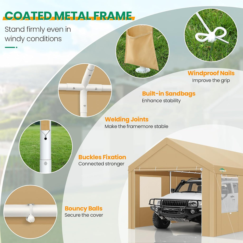 COBIZI Carports 10x20 Heavy Duty Car Canopy Garage with Removable Sidewalls & Doors, Galvanized Frame Portable Carport Canopy with Built-in Sandbags & All-Season Tarp for Car Boat Truck, Khaki