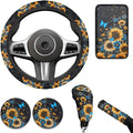 Blue Sunflower Print 6pcs Steering Wheel Cover Car Accessories for Women Men Butterfly Cup Coaster Handbrake Cover Fit Auto,Suvs,Truck