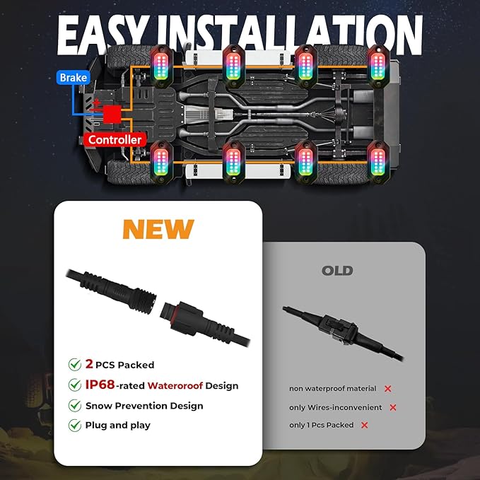 RGB LED Rock Lights Kit, 8 pods Multicolor Neon Light with Bluetooth App/Remote Control Flashing Music Mode, Aluminum Metal, IP68 Waterproof, 12v for Truck ATV UTV SUV