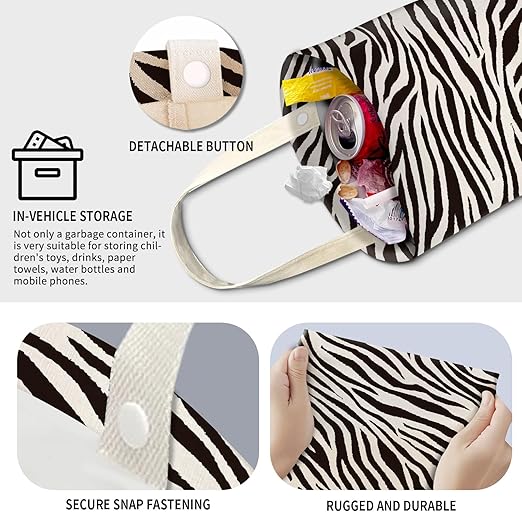 Cute Car Trash Can, Hanging Canvas Car Back Seat Organizer and Storage Bag, Funny Car Trash Bag For Travelling, Outdoor Cute Black White Zebra
