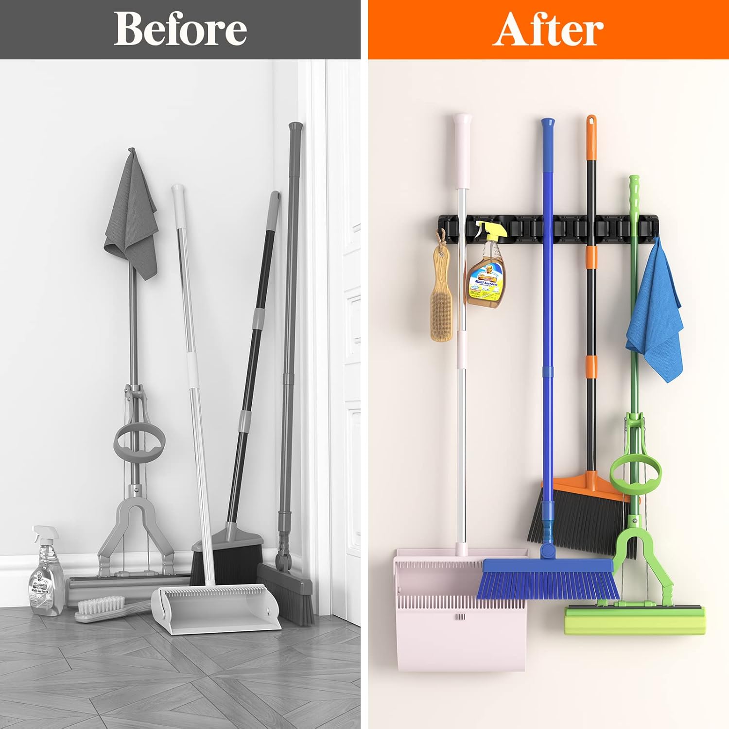 Lifewit Mop and Broom Holder Wall Mount, Anti-Slip Broom Hanger for Kitchen Organization, Heavy Duty Cleaning Supplies Organizer, Easy Install Tool Organizer for Closet, Garage, 2 Pack, Black
