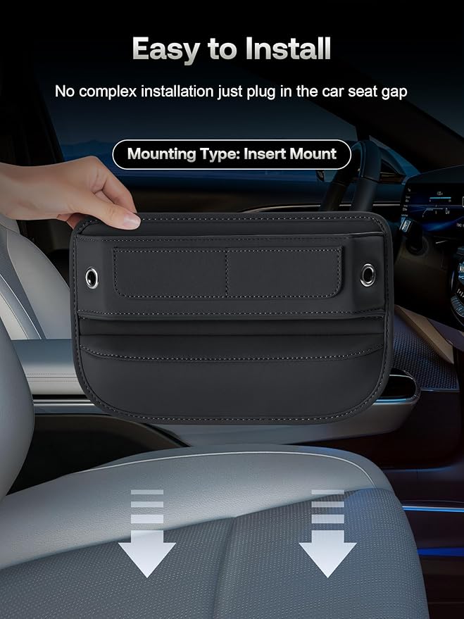 Universal Fit Premium Leather Car Seat Gap Filler Organizer, Center Console Organizer with Card Slots, Clever Gifts for Car SUV Truck Owners (Black, 1 Pack)