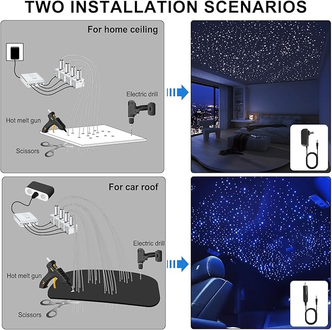 Split 4 Colors 12W Car Starlight Headliner Kit 600pcs*0.02in*9.8ft with APP&RF Remote,RGBW Fiber Optic Strands Star Roof Lights,4 Port Engine Sound Activated Star Ceiling Lights for Car/Home Decor