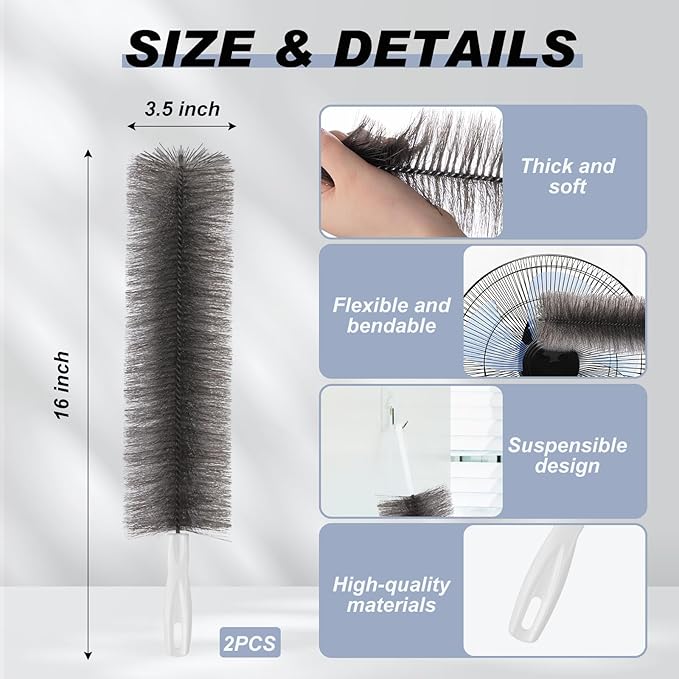 Sliner 2 Pcs Fan Cleaning Brush Bendable Fan Duster Cleaner Reusable Cobweb Duster Microfiber Head Dirt Remover for Ceiling Fans Blades, Air Vents, Curtains, Cars, Shutters (Gray)
