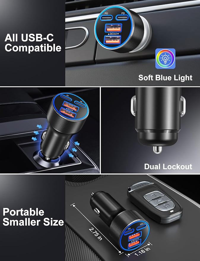 USB C Car Charger, Upgraded 90W 4-Port Dual 12V USB-C & USB-A Car Phone Charger Multiport QC 3.0/PD45W Super Fast Charging Cigarette Lighter Adapter for iPhone 17 16 15 14 Pro Max Galaxy Android
