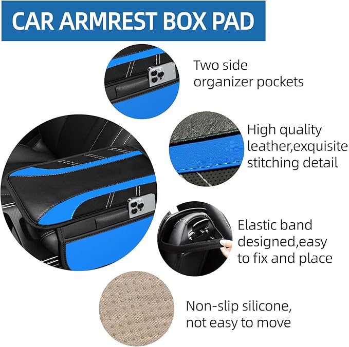 NBTEPEM Blue Center Console Cover, Sporty Leather Armrest Cover Cushion with 2 Storage Pockets, Universal Auto Middle Console Protector, Car Interior Accessories for Most SUV, Truck, Sedan Vehicles