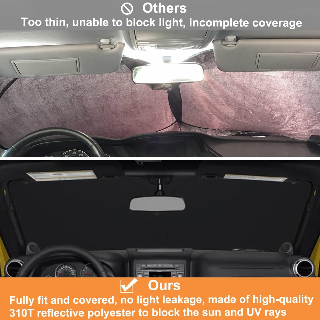Windshield Sun Shade for Jeep Wrangler JK 2007-2018, Foldable Heat Shield with UV Protection, Custom Fit for 2/4 Door Models, Car Window Visor Accessories