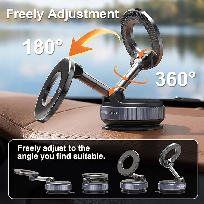 Magnetic Suction Cup Phone Mount for Magsafe, 360° Adjustable Magnetic Car Phone Holder, Pocket Size Foldable Car Mount, Cell Phone Holders for Your Car for iPhone 17 16 15 14 13 12 Series
