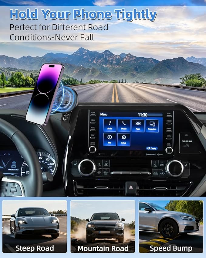 PZK Car Phone Mount for 2020-2025 2026 Toyota Highlander L/LE/Hybrid XLE Nightshade Accessories 8-inch Screen Compatible with Magsafe Phone Holder 360° Rotation Not Affect Vent (Not fit 12.3 inch)