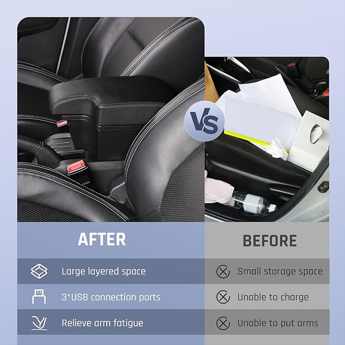 YJYWZH Car Armrest Storage Box for Toyota Hilux Center Storage Box Organizer Interior Hand Centre Consoles with 3 USB Port Arm Rest Double-Layer Accessories