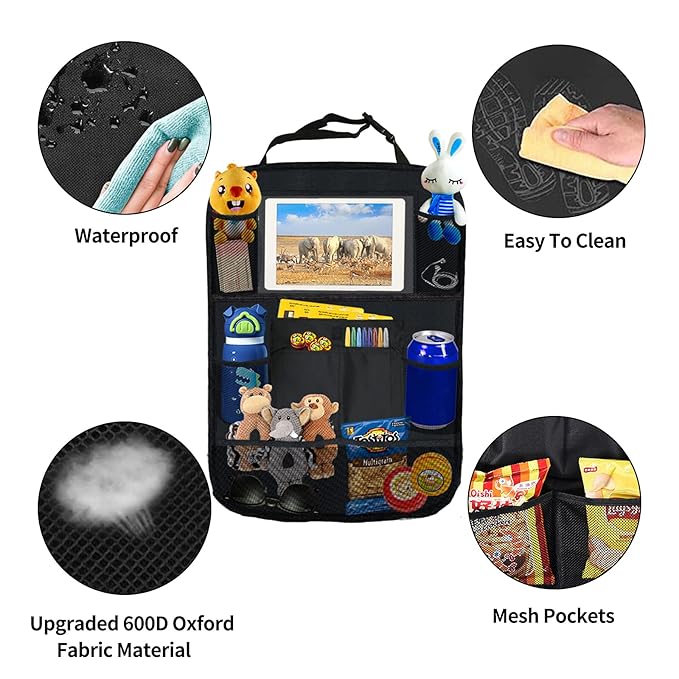 Ecurfu Backseat Car Organizer with 10 Compartments, 10 Inch Tablet Holder, Waterproof Storage Bag for Kids Cars - 600D Oxford Fabric, Black (1PC)