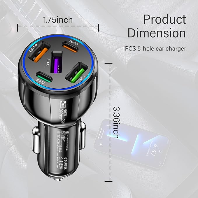 Upgraded Car Charger USB C with 5 Port,75W Cigarette Lighter Adapter with Type-C & QC 3.0 Ultra Fast Charging Port,Universal Car Charger Adapter for Navigator,Dash Cam (Black)
