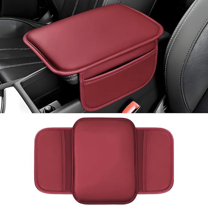 Car Center Console Cover, 11.6"×8.3" Leather Car Armrest Cushion Pad with 2 Storage Pockets, Comfortable Arm Rest Box Cover Mat for Most Vehicles, Universal Interior Accessories (Wine Red)