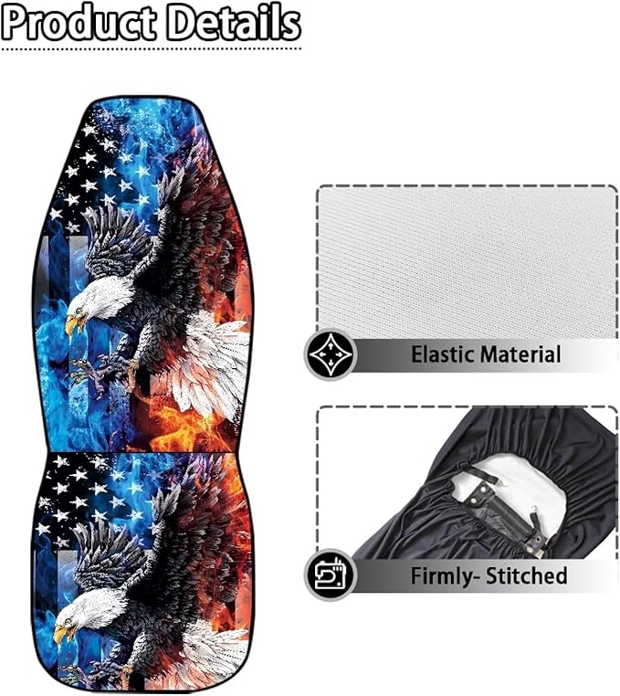 ELEQIN Smoke Eagle US Flag Car Front Seat Covers, 2 Pack Polyester Automotive Seat ProtectorsSoft & Breathable, Automotive Interior Accessories for Most Cars