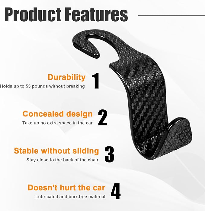 Ziciner 4 PCS Car Seat Headrest Hooks, Backseat Hangers Storage Organizer, Universal Car Accessories for Purse Grocery Bags Coats (Black Carbon Fiber)