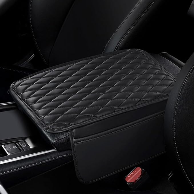 Car Center Console Cover,Leather Armrest Cover Cushion with 2 Storage Bags Universal Car Armrest Seat Box Pad Car Interior Accessories Protector for Most Vehicle(Black)