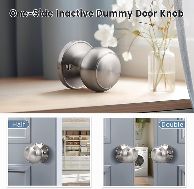 KNOBWELL 4 Pack Brushed Nickel Dummy Door Knob, Single Sided Handle for Closets, French Double Doors, and Pantry, Satin Nickel One Side Non-Turning Interior Push/Pull Door Knob