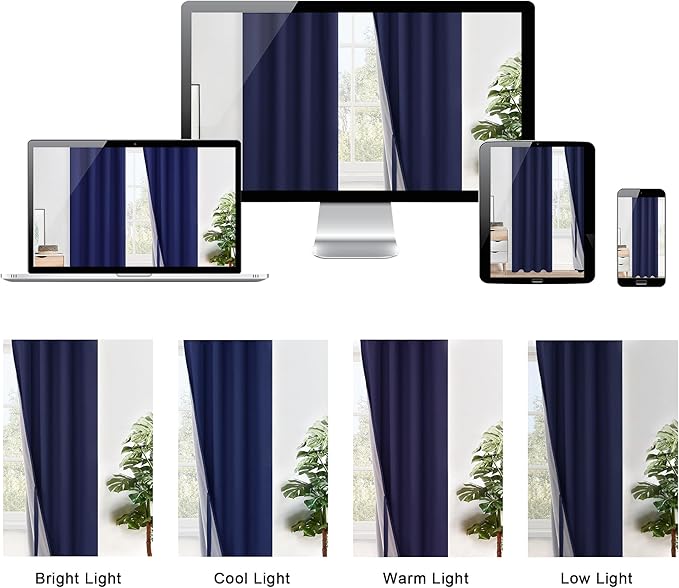XWZO 100% Blackout Curtain Panels - Thermal Insulated Black Liner Curtains, Noise Reducing and Heat Blocking Drapes for Hall and Studio Windows with Tiebacks, Navy Blue, W52 x L95, Set of 2
