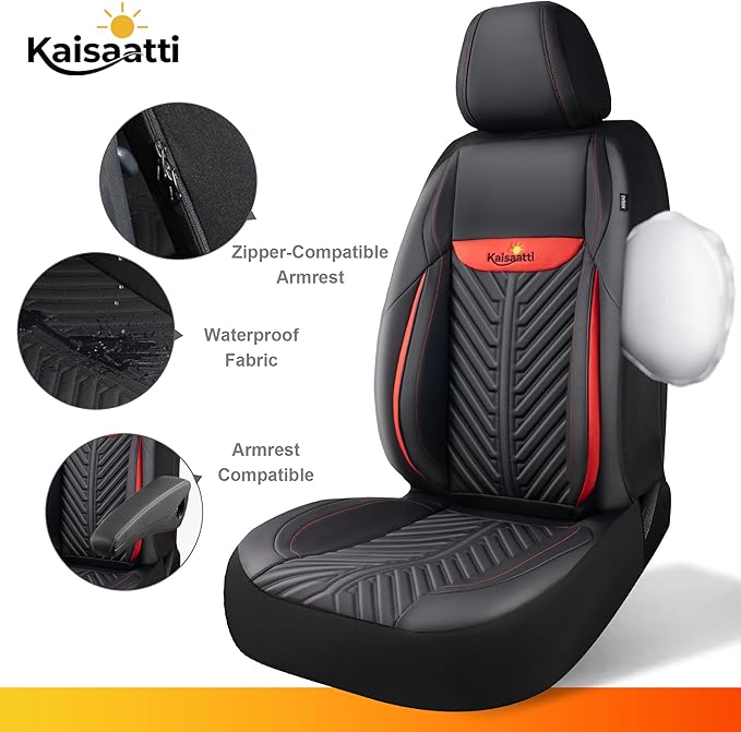 PU Leather Car Seat Covers Front Set – Waterproof seat Cover for Cars，3D Foam Support Automotive seat Covers ，Airbag Compatible, Universal Fit for Cars SUVs Trucks Sedans（Black/Red）