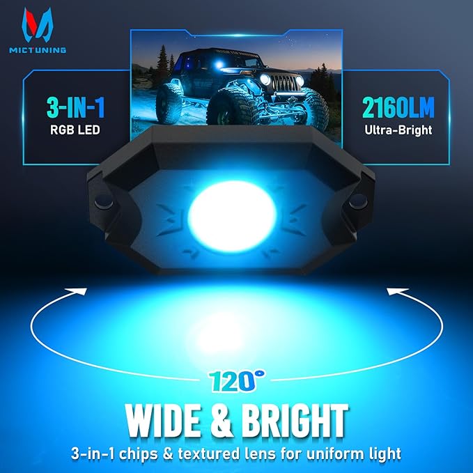 MICTUNING 2nd-Gen CM RGB Rock Lights - 12 Pods Waterproof Multicolor Neon Underglow Kit with Bluetooth App Control & Music Mode for Trucks Pickup UTV SUV ATV （2 Year Warranty）