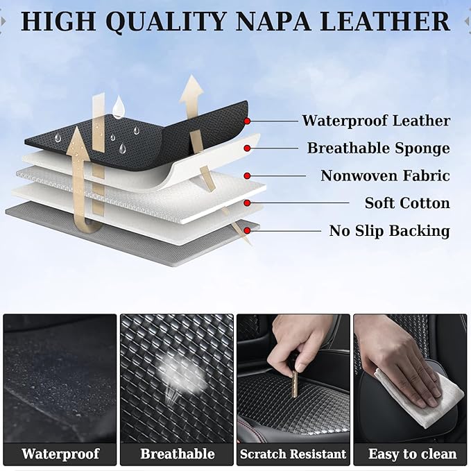 Coverado Seat Covers, Car Seat Covers Front Seats, Waterproof Nappa Leather Auto Seat Cover with Lumbar Head Pillow, Black Redline Seat Covers Carseat Cover Universal Fit for Most Cars