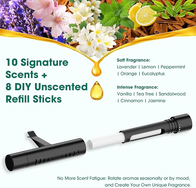 2Pcs Custom Car Air Freshener Vent Clips, Scented Sticks Kit with 10 Different Aroma Bags (2 Stick Each) & 8 Unscented Refill Sticks, Long-Lasting Odor Eliminator Car Diffuser