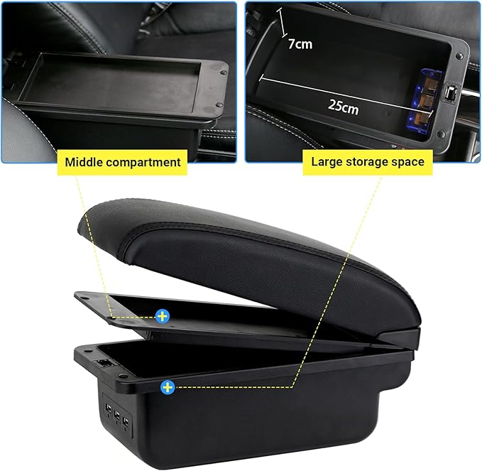 AULPHIKE Compatible with Nissan Micra March Armrest 2011-2016 Armrest Car Center Console Organizer Armrests Double Layer Storage with 3 USB（Black）