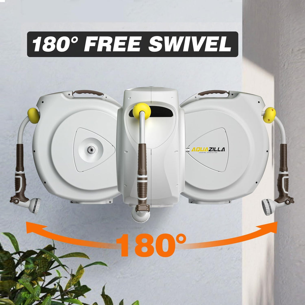 Retractable Garden Hose Reel, 1/2 in 120+6 ft, Heavy Duty Wall Mounted Water Hose Reel, Spring Power Automatic Rewind, Any Length Lock, 180° Swivel Bracket, 10 Pattern Spray Nozzle
