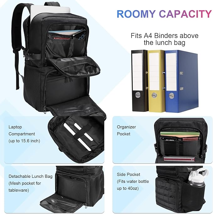 BERTASCHE Lunch Backpack, Laptop Backpack 15.6 inch Work Backpack w/Insulated Cooler Lunch box for Men Women, Tactical Casual Daypack for Commuter Picnic College,Black