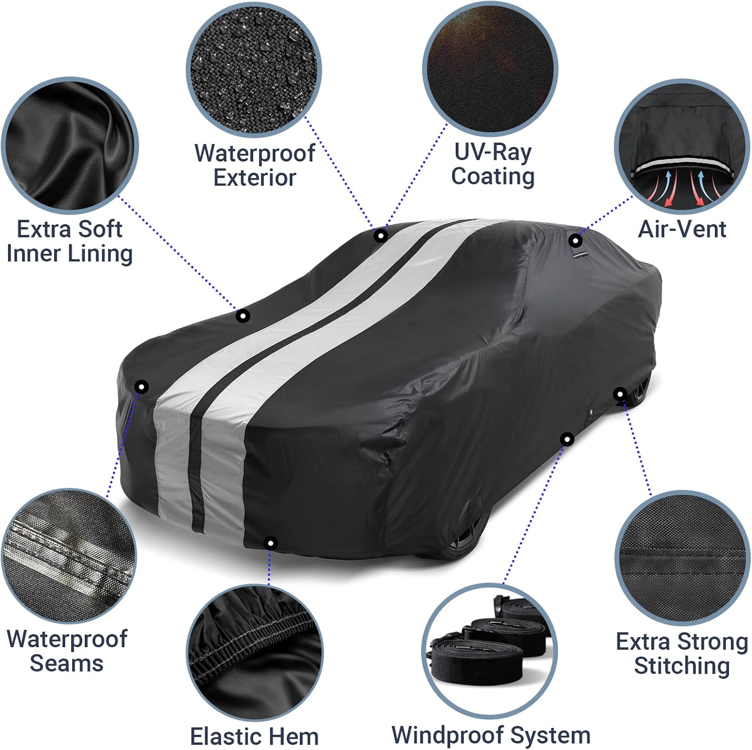 iCarCover Custom Car Cover for Pontiac Firebird (1967-1981) Waterproof All-Weather Rain Snow UV Sun Protector Full Exterior Indoor Outdoor Car Cover (Stripe - Black/Gray)