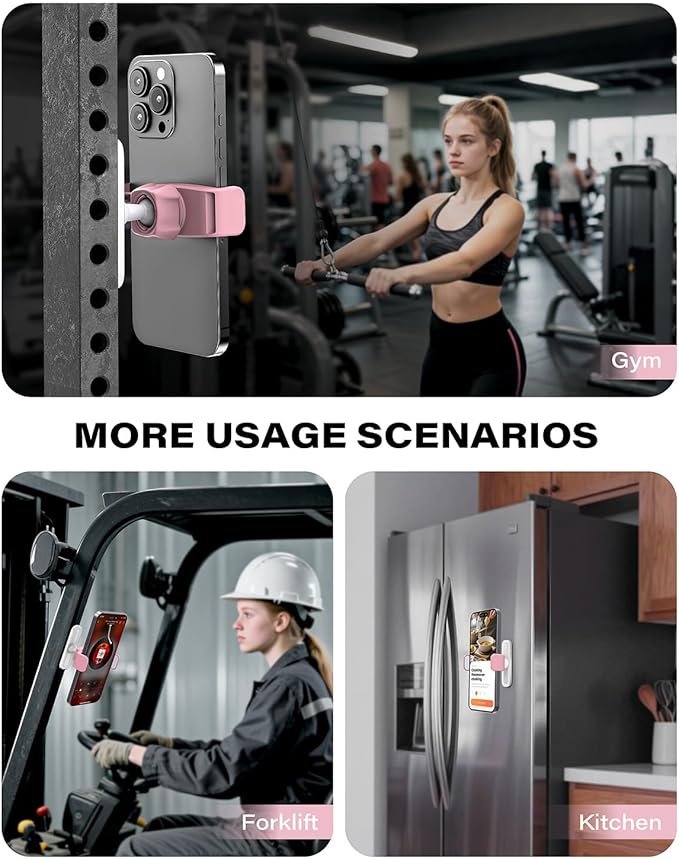 APPS2Car Gym Magnetic Phone Holder, 360 Adjustable, Compatible with 4.7-6.5" Smartphones, Alloy Base and Joint, Gym Accessories for Women, Pink