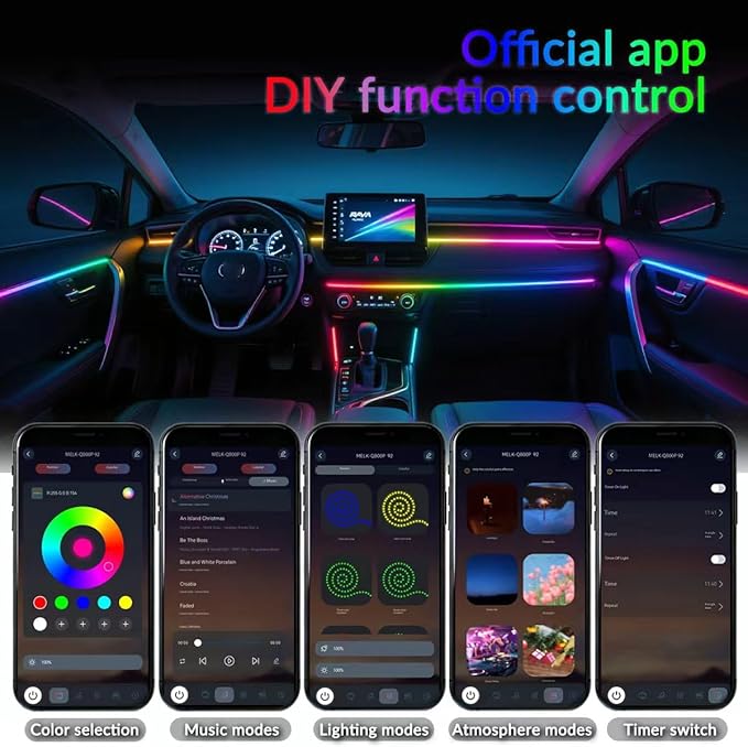 Interior Car Strip Lights Dreamcolor Acrylic Car Decorative Lights with APP Control Multicolor Internal Lighting Kit Music&DIY Function Ambient Fiber Optic Strip LEDs