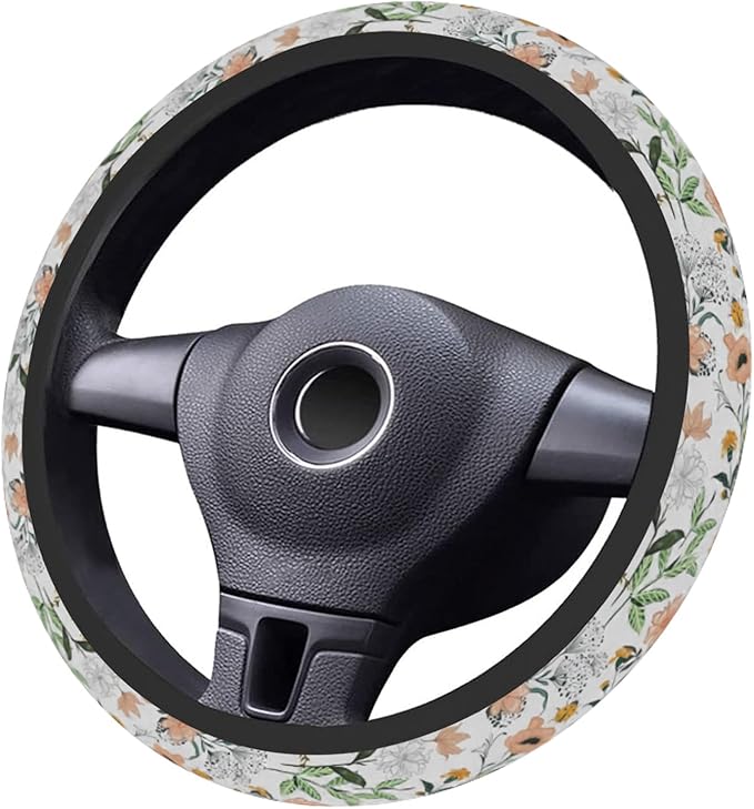 Car Steering Wheel Cover for Women Men, Non-Slip Botanical Floral Pattern with Ladybugs Steering Wheel Protector, Universal 14"-15" Fit for Cars, SUVs, Trucks
