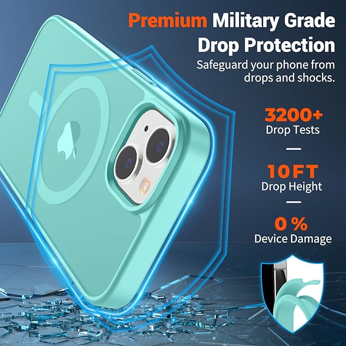 SUPFINE Magnetic for iPhone 15 Plus Case & iPhone 14 Plus Case(Compatible with MagSafe)(Military Grade Drop Protection) Slim Translucent Shockproof with Anti-Fingerprint Phone Case,Blue Green