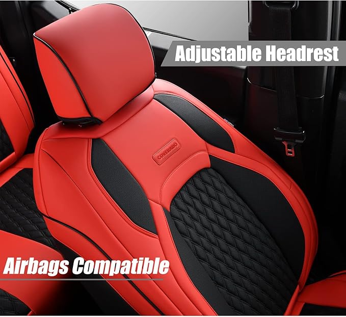 Coverado JK Front Seat Covers for Jeep Wrangler, Custom Fits Jeep Wrangler 2/4 Door 2013-2017 Unlimited Rubicon Sahara Willys Sport High Altitude Pickup Truck Waterproof Leather Car Seat Covers(Red)