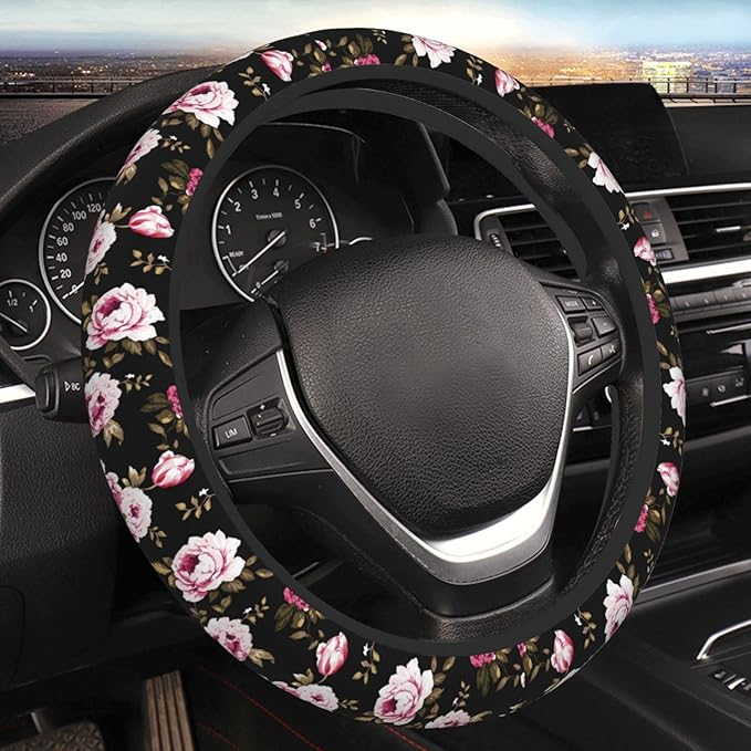 Peony Flower Steering Wheel Cover Women Men Elastic Stretch Soft Car Wheel Protector Universal Breathable No-Slip Car Accessories for Truck Van SUV Auto Fit 14-15 Inches