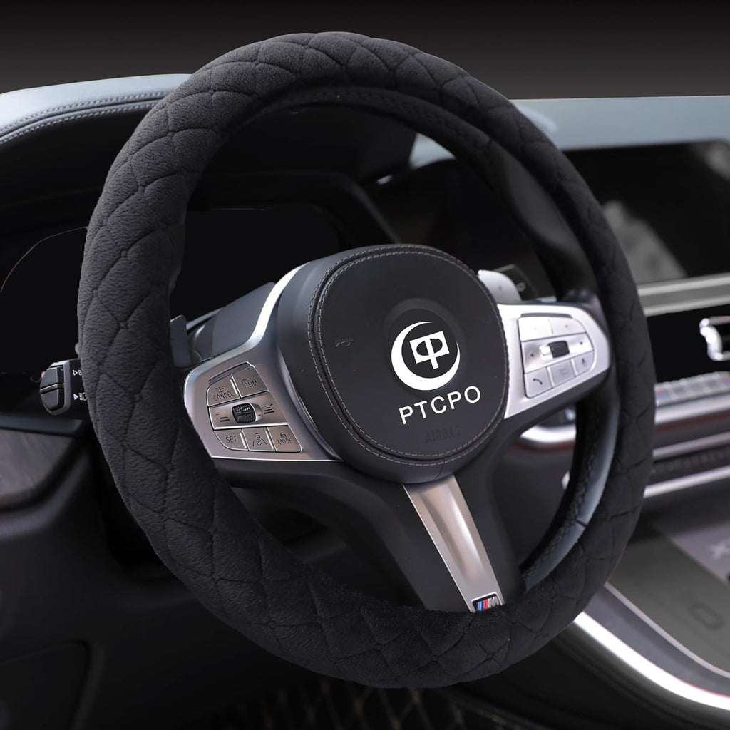 Soft Car Steering Wheel Cover for Sedan, SUV, Warm Luxury Velvet, Odorless, Universal, Anti Slip, Summer Winter, Black, Large Size[15" 1/2-16"](39-41cm)