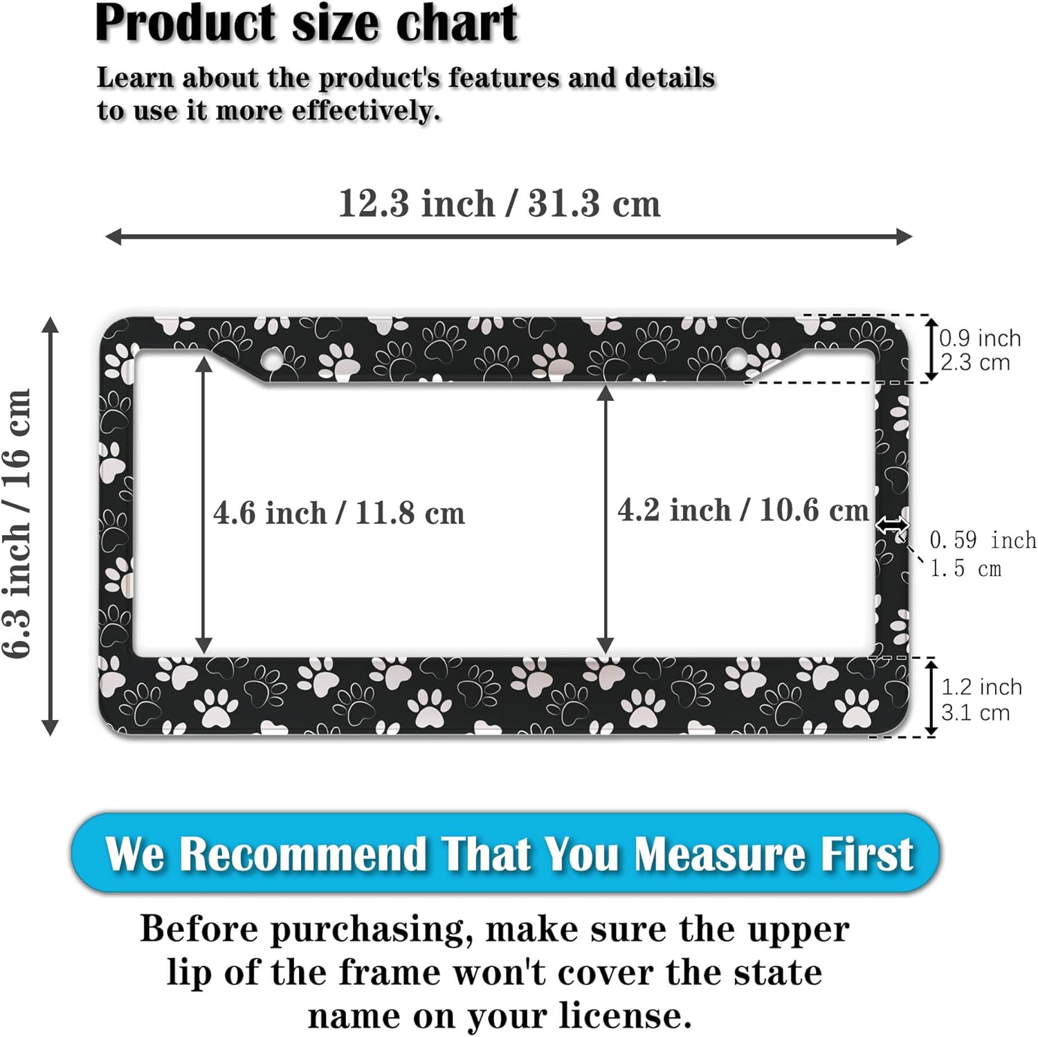 License Plate Holder Black and White License Plate Frames Black White Dog Cat Paw Print Universal Aluminum Car Accessory 2 Pack with Screw Covers Set