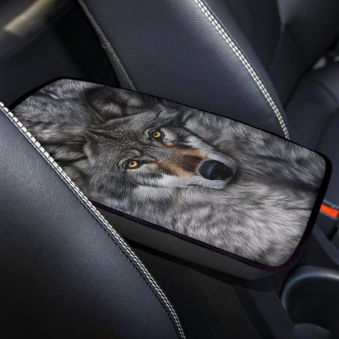 Gray Wolf Car Armrest Pad Grey Center Console Arm Rest Protector Cover Wolf Car Interior Accessories Universal SUV Vehicles Truck Van