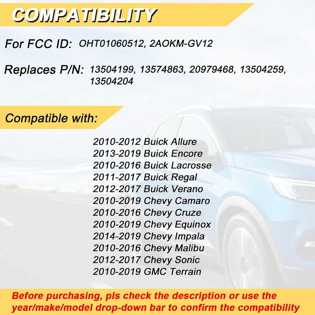 Key Fob Replacement for 2014-2019 Buick Encore/ 10-12 Allure/ 10-16 Lacrosse/ 11-17 Regal/ 12-17 Verano/ 10-19 Chevy Equinox Camaro/ 11-16 Cruze Malibu/ 14-19 Impala/ 12-17 Sonic Keyless,2Pcs