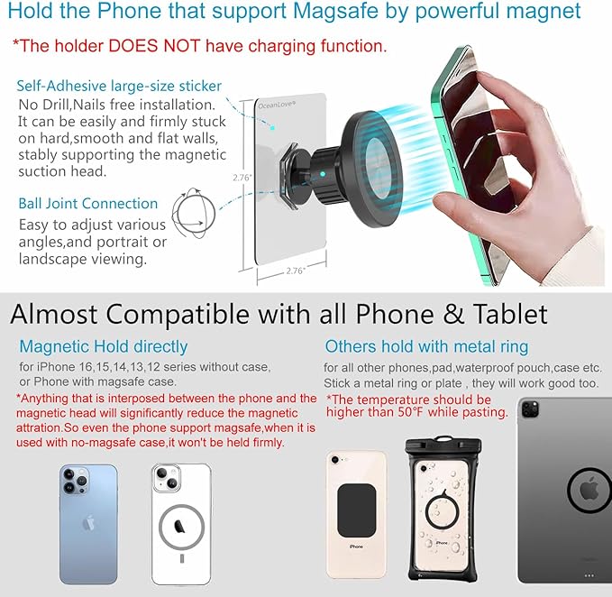 OCEANLOVE for MagSafe Wall Mount Magnetic Phone Holder, 2 Pack, Self-Adhesive, Rotatable Ball,Waterproof, Compatible with iPhone 17/16/15/14/13/12, Shower Mirror Gym Bathroom Kitchen (Black)
